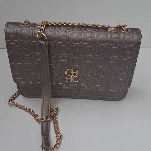 Embossed Gray Crossbody Bag with Gold Chain - Picture 1 of 6